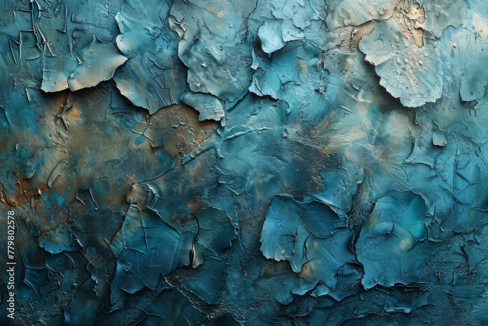 Close up of a blue painted wall showing heavy peeling and flaking of paint, revealing texture and patterns