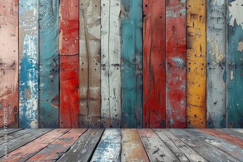 Weathered texture of painted vintage wooden planks as a rustic background with a variety of colors