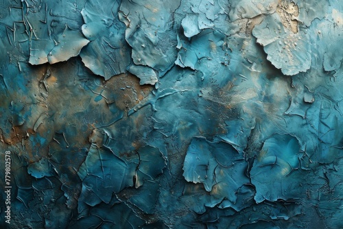 Close up of a blue painted wall showing heavy peeling and flaking of paint, revealing texture and patterns