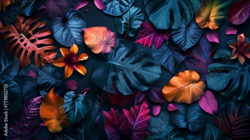 Vibrant tropical leaves and flowers on a dark background