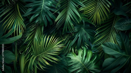 Lush green tropical leaves creating a dense  textured background