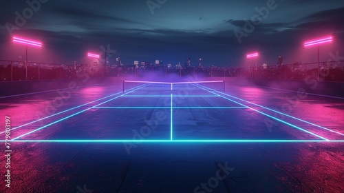3D render of glowing neon tennis court on black background, in the style of dynamic