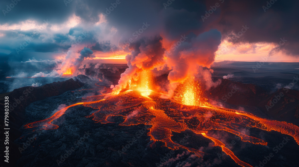 A volcano erupts with smoke and fire, creating a dramatic and intense scene