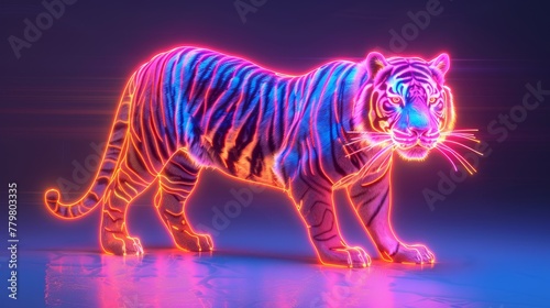3D render of glowing neon tiger symbol on a randomly colored background © MAY
