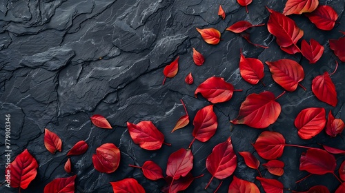 Top view autumn background with colored red leaves on a black slate background