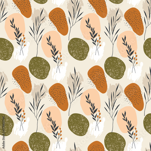 Seamless pattern with hand-drawn leaves and branches and colorful background. Vector illustration in boho style.