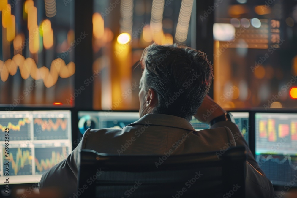 Rear view of a male trader looking at multiple computer screens with stock market data in a dark office atmosphere.
