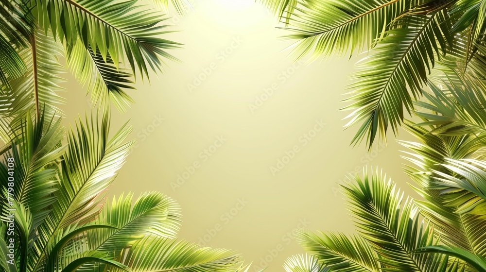 Tropical frame of green palm leaves on light yellow background