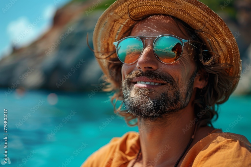 A relaxing beach scene with a woman in a straw hat overlooking turquoise waters, face blurred for privacy A relaxing beach scene with a woman in a straw hat overlooking turquoise waters, face blurred for privacy