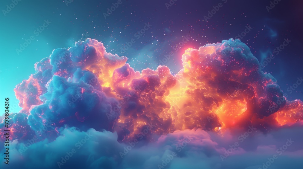 A 3D render of a colorful cloud with glowing neon, evoking a sense of wonder and magic