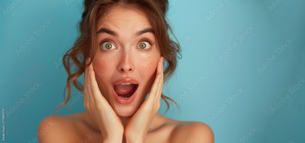 A woman with green eyes and red hair is making a surprised face. Photo of pretty impressed lady hands touch cheeks open mouth empty space isolated on blue color background A woman with green eyes and red hair is making a surprised face. Photo of pretty impressed lady hands touch cheeks open mouth empty space isolated on blue color background