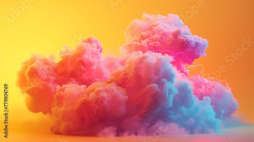 A 3D render of a colorful cloud with glowing neon in the shape of a playful monkey