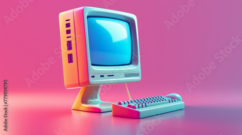 A computer monitor and keyboard are on a pink background