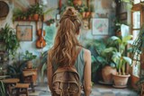 A young woman with a backpack gazes into a bohemian-styled café full of plants and vintage decor