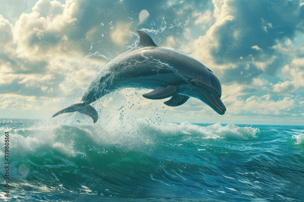 Fototapeta premium Majestic Dolphin Vaulting in Aquamarine Horizon