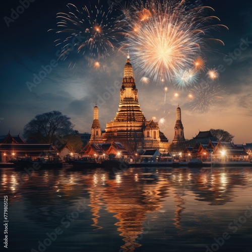 A photograph of a landscape in Thailand with a fountain lit on a beautiful night and a background with a beautiful pagoda in Thai culture.
