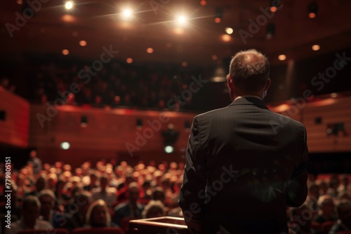Rear view of a professional speaker at a podium addressing a large audience in a modern lecture hall, conveying leadership and expertise.