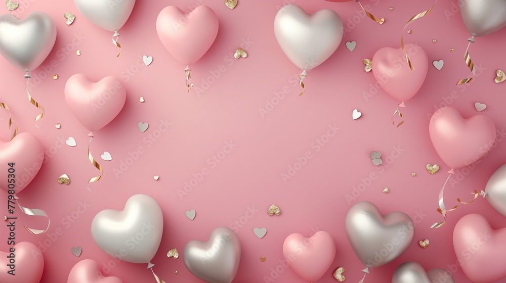 Pink and silver heart-shaped balloons with gold and white accents