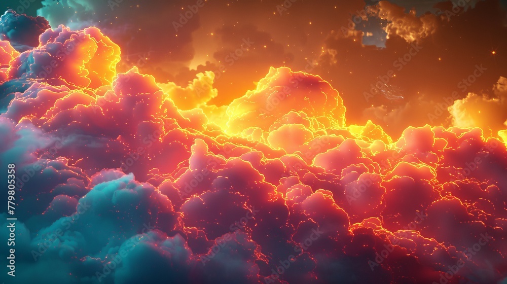 A 3D render of a colorful cloud with glowing neon