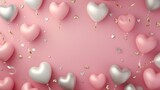 Pink and silver heart-shaped balloons with gold and white accents