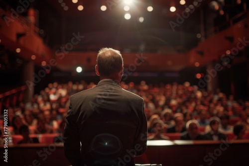 Back view of a male speaker addressing a diverse audience in a large auditorium, conveying leadership and engagement.