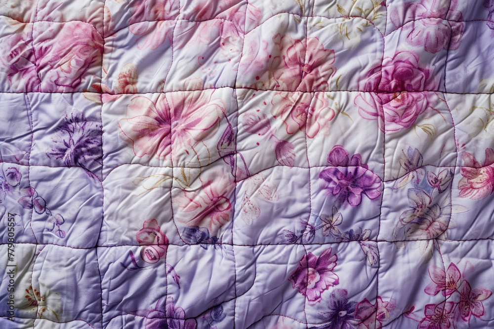 Beautiful Floral Pattern Quilted Quilt in Pink and Purple Colors Close Up View, Cozy Home Textile Decor Concept Beautiful Floral Pattern Quilted Quilt in Pink and Purple Colors Close Up View, Cozy Home Textile Decor Concept