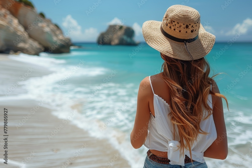 A back view of a young woman in summer attire admiring a stunning tropical beach and clear turquoise waters