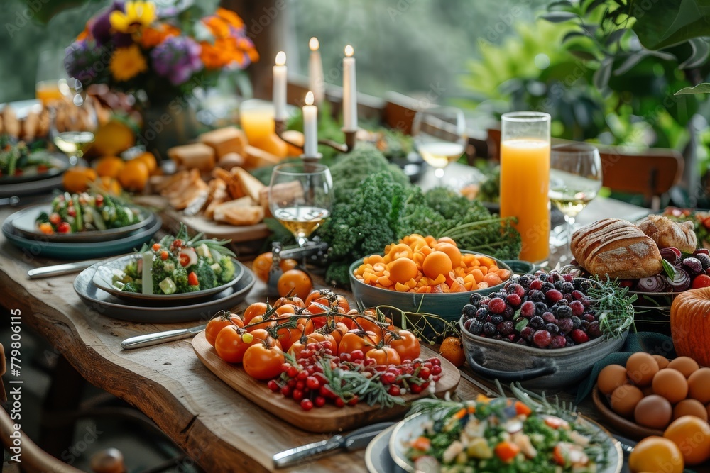 A lavishly decorated dinner table overflowing with fresh produce and dishes, ready for a feast