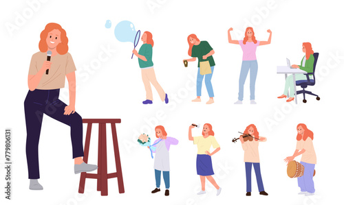 Red-haired woman cartoon character isolated big set with different hobby activities and interests
