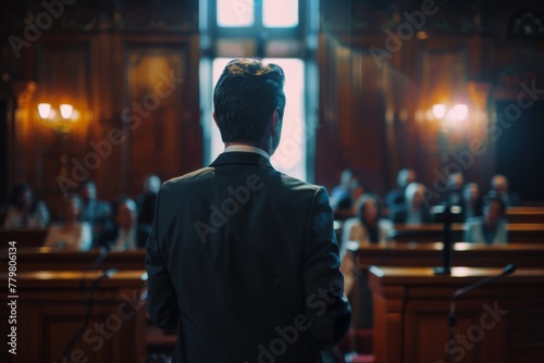Rear view of a male lawyer speaking to judges and audience in a formal courtroom atmosphere, symbolizing legal proceedings, justice, and law practice.