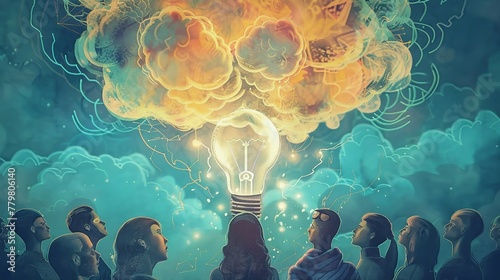 Digital sketch of a team in a brainstorm, with a light bulb and brain clouds merging above them.