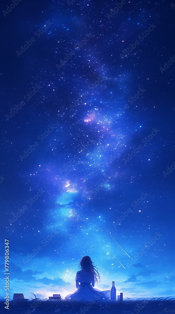 Anime illustration young woman sitting starry sky picnic shooting stars Milky Way