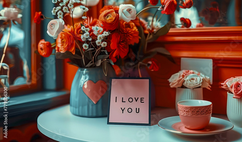 Table with a vase of flowers and a pink card that says I love you