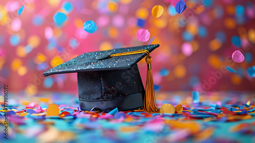 Graduation Cap with Confetti Background, Graduation Day Concept. Generative Ai