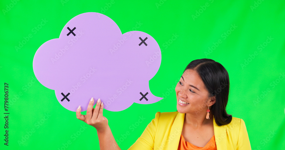Speech bubble, green screen and happy woman face with tracking markers in studio for promo on mockup background. Space, poster and portrait of asian female with FAQ, feedback and language translation