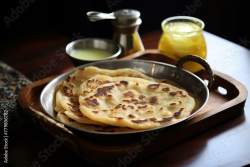 Crispy Parantha ghee fresh. Dinner meal. Generate Ai © juliars