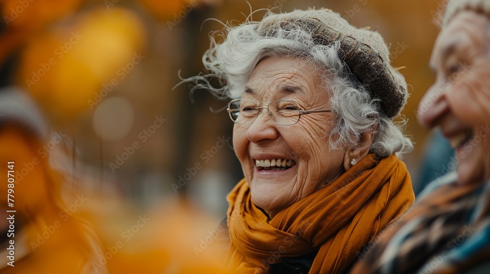 Heartwarming scene of senior friends laughing together, embodying the spirit of happy and active aging Heartwarming scene of senior friends laughing together, embodying the spirit of happy and active aging
