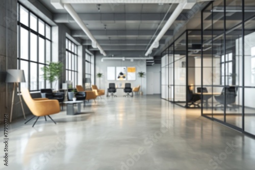 blur Industrial loft style office lobby in dark gray with a clear glass meeting room and poster display