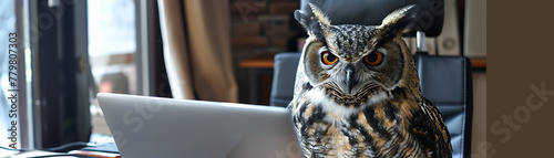 A brown owl is sitting on a desk in front of a laptop