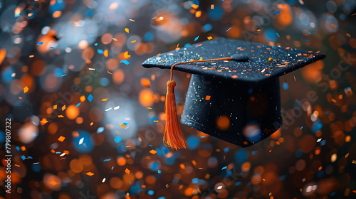 Graduation Cap with Confetti Background, Graduation Day Concept. Generative Ai