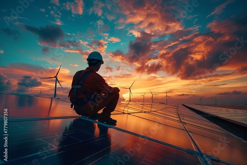 Solar panel engineer in action, with the backdrop of an ecofriendly wind turbine landscape