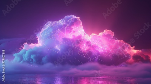 A dreamy 3D render of a neon cloud with geometric patterns, against a backdrop of celestial purple