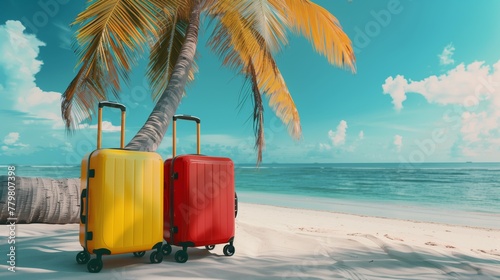 Brightly colored suitcases by a palm tree on a tropical beach with blue sky