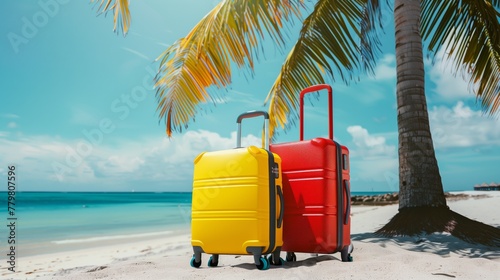 Yellow and red suitcases on a sandy beach with a tropical seascape © Natalia