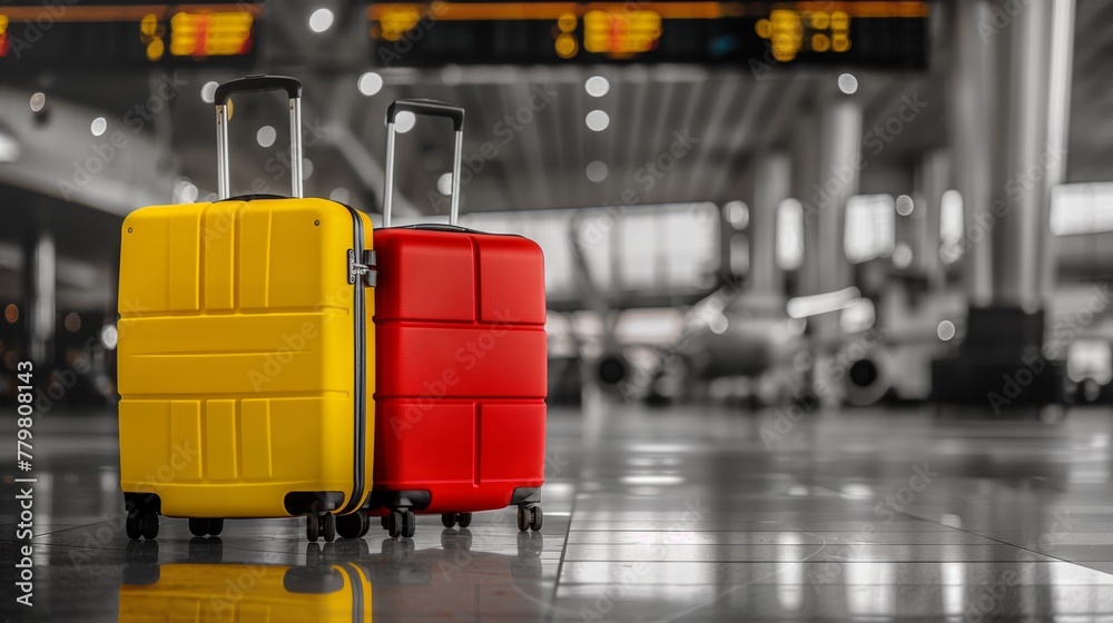 Yellow and red suitcases in an airport terminal with a blurred background Yellow and red suitcases in an airport terminal with a blurred background