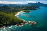 Aerial view of the beautiful coastline with lush green mountains and sandy beaches in Brazil
