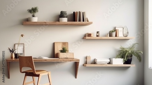 A shelving unit with books and a table in a very neat interior.
