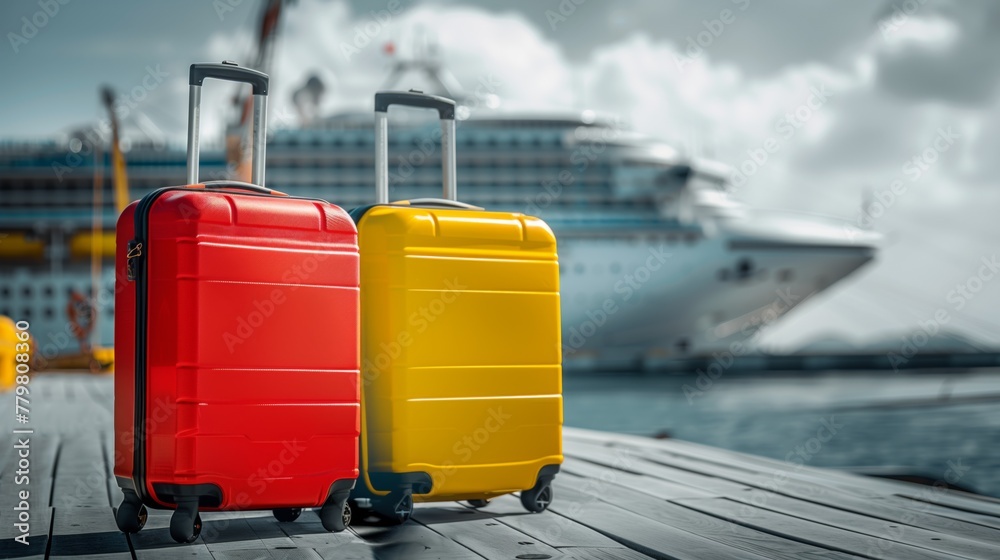 Bright red and yellow suitcases on dock with cruise ship in background Bright red and yellow suitcases on dock with cruise ship in background
