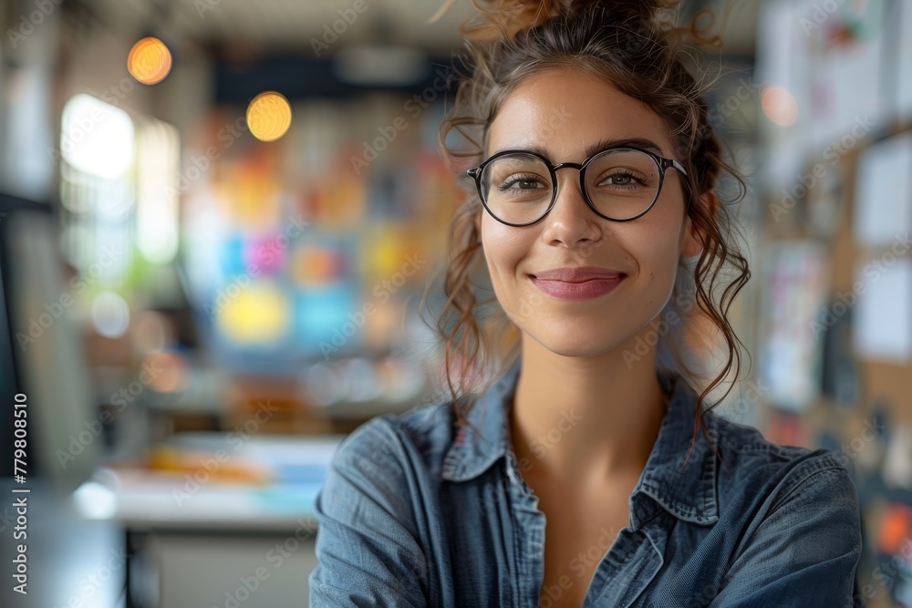Friendly looking young female entrepreneur smiling in a creative co-working space Friendly looking young female entrepreneur smiling in a creative co-working space