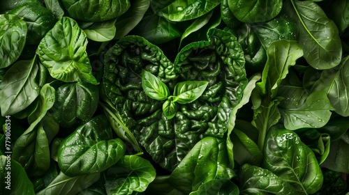 Fresh green basil leaves with water droplets forming a heart shape.
